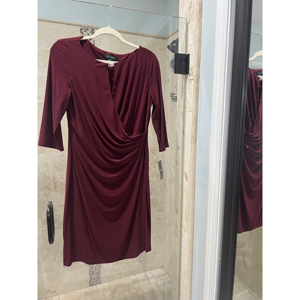 Lauren Ralph Lauren Burgundy Jersey Faux Wrap Midi Dress Gold Keyhole 12 NEW